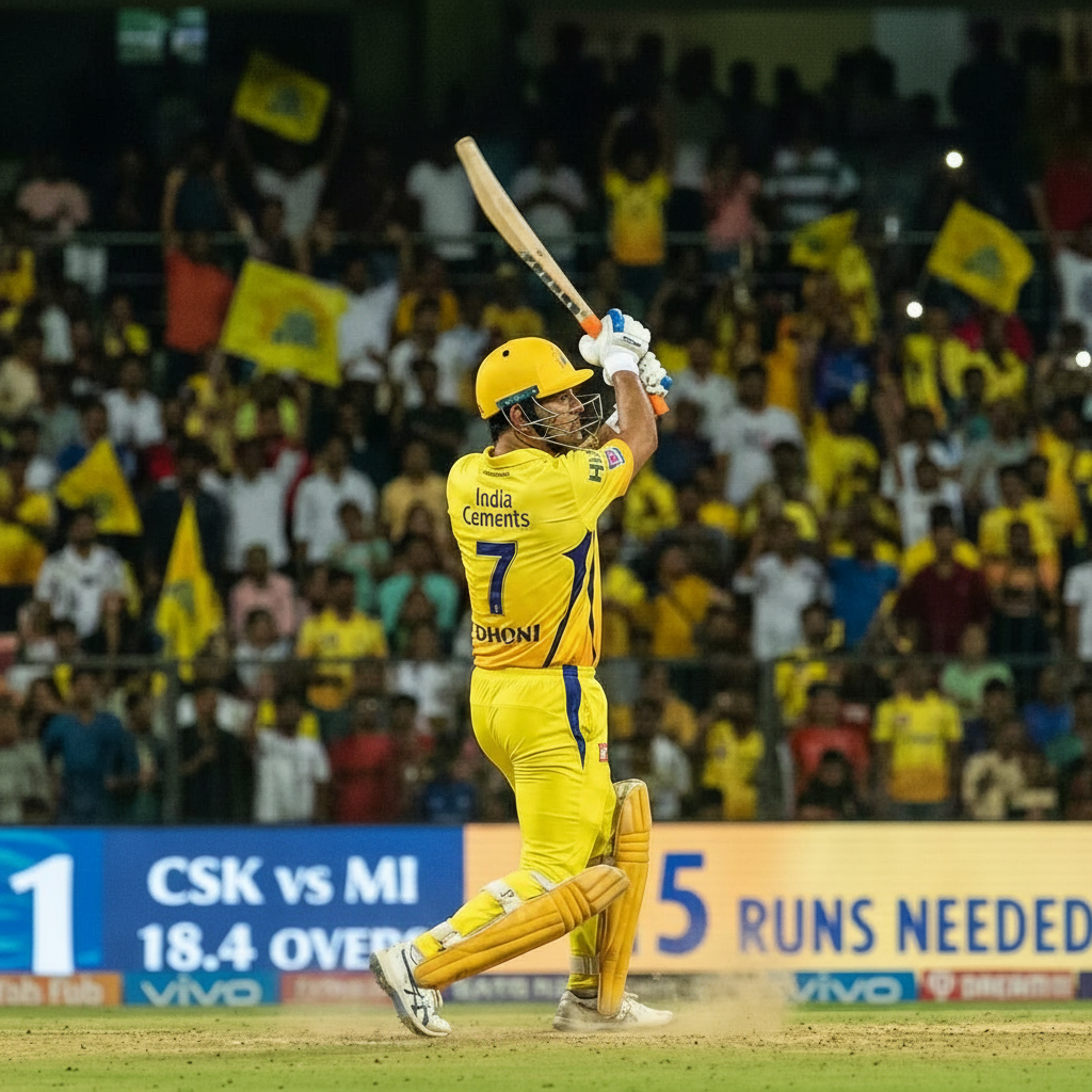 MS Dhoni batting in a yellow Chennai Super Kings jersey before a packed stadium audience.